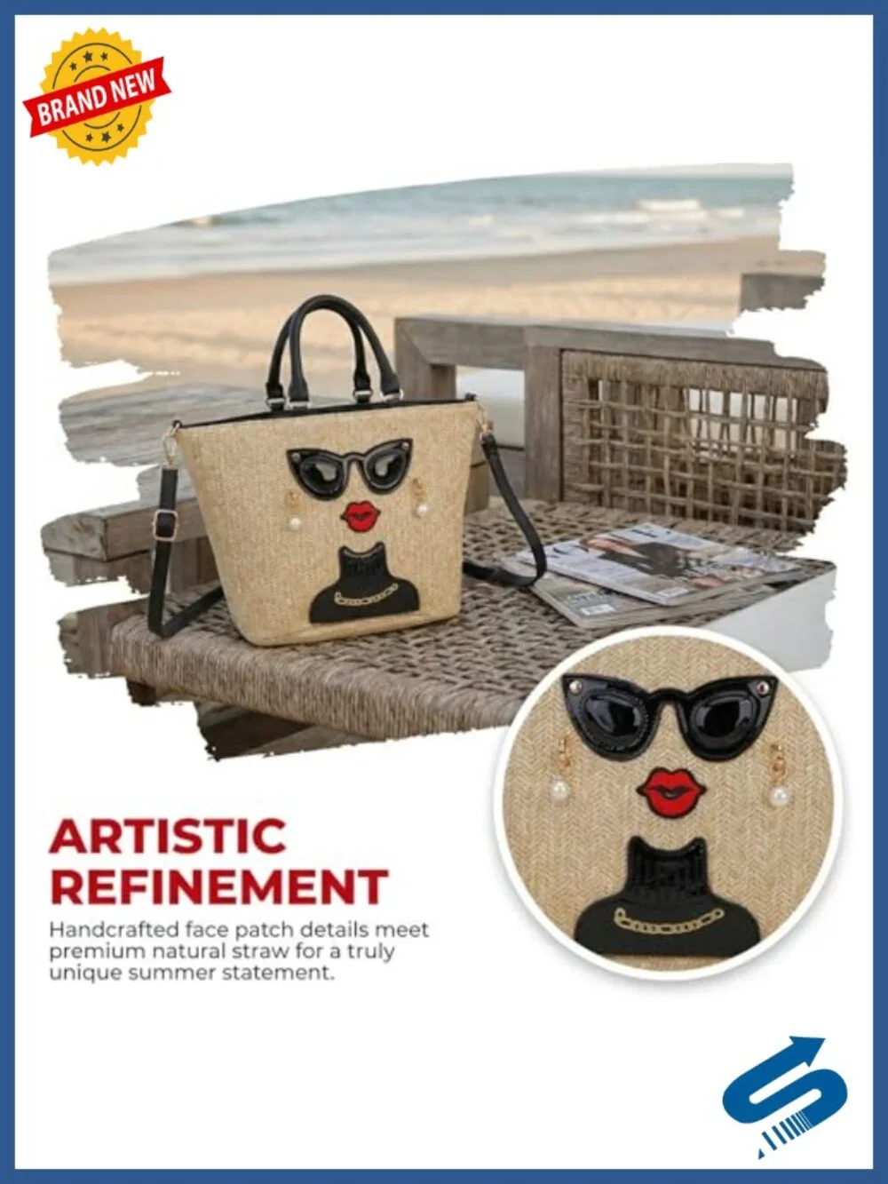 Funky Lady Face Straw Tote Bag Woven Top Handle Satchel Crossbody Purse